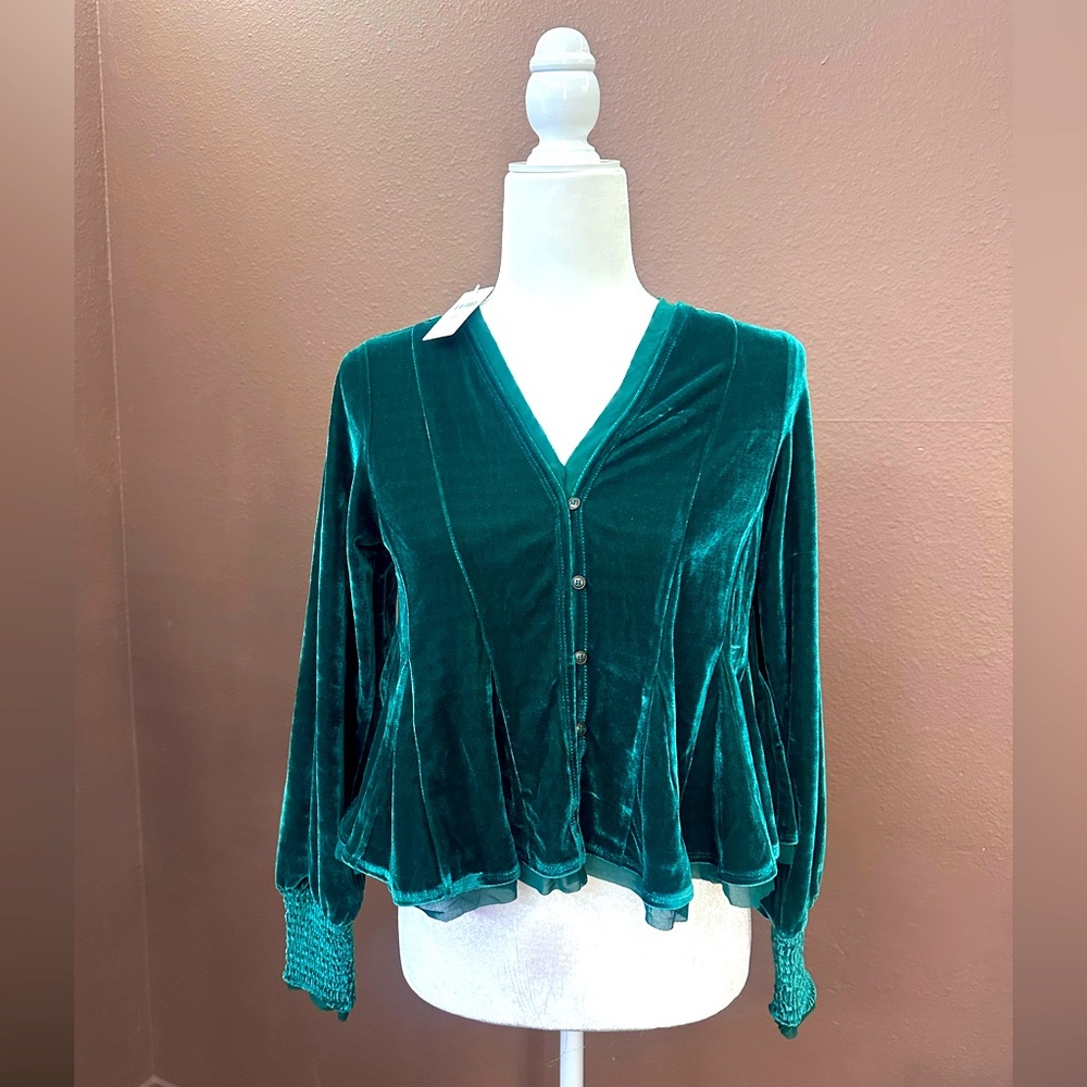 By Anthropologie Swing Velvet Peasant Top in Emerald Green size XS NWT